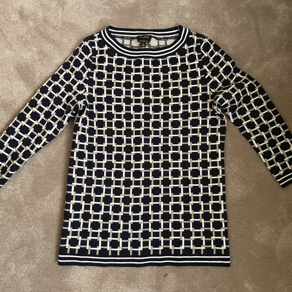 Talbots Soft Merino Wool Geometric Sweater, Size Small, Navy